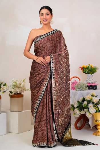 Buy_Geroo Jaipur_Brown Silk, Modal Scoop Neck Ajrakh Print Saree With Blouse _at_Aza_Fashions