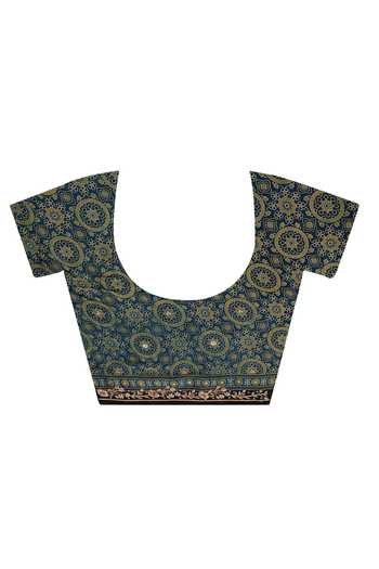 Buy_Geroo Jaipur_Blue Silk, Modal Round Neck Ajrakh Print Saree With Blouse _Online_at_Aza_Fashions