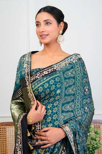 Shop_Geroo Jaipur_Blue Silk, Modal Round Neck Ajrakh Print Saree With Blouse _Online_at_Aza_Fashions