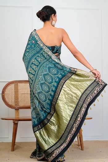 Geroo Jaipur_Blue Silk, Modal Round Neck Ajrakh Print Saree With Blouse _Online_at_Aza_Fashions