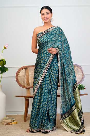 Shop_Geroo Jaipur_Blue Silk, Modal Round Neck Ajrakh Print Saree With Blouse 