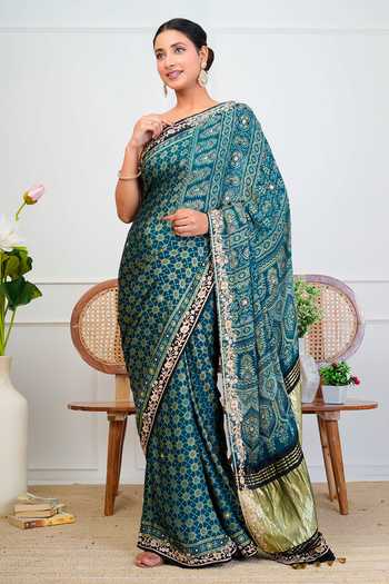 Buy_Geroo Jaipur_Blue Silk, Modal Round Neck Ajrakh Print Saree With Blouse _Online