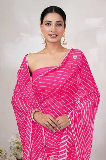 Shop_Geroo Jaipur_Pink Georgette, Crepe Scoop Neck Leheriya Pattern Saree With Blouse _Online_at_Aza_Fashions