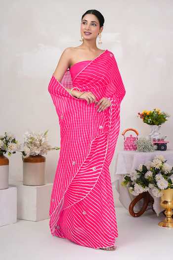 Geroo Jaipur_Pink Georgette, Crepe Scoop Neck Leheriya Pattern Saree With Blouse _at_Aza_Fashions