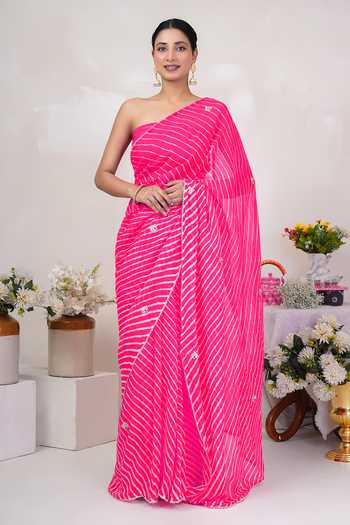 Buy_Geroo Jaipur_Pink Georgette, Crepe Scoop Neck Leheriya Pattern Saree With Blouse 