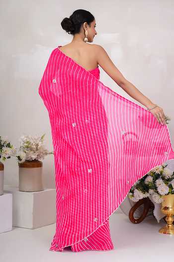 Geroo Jaipur_Pink Georgette, Crepe Scoop Neck Leheriya Pattern Saree With Blouse _Online_at_Aza_Fashions