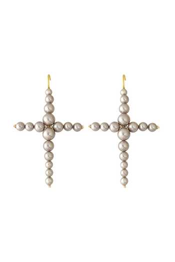 Shop_Radhika Agrawal Jewels_Grey Pearl Cross Dangler Earrings _at_Aza_Fashions