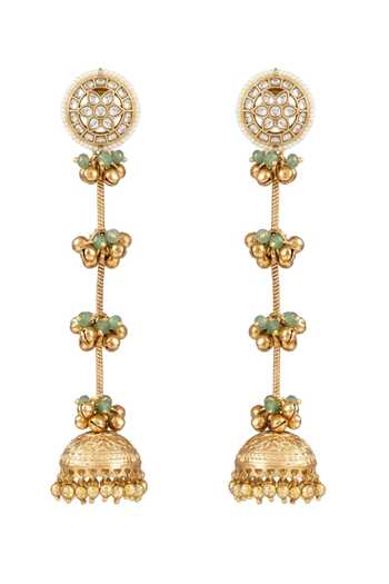 Shop_Joules by Radhika_Gold Plated Reyra Long Tassel Jhumka Earrings _at_Aza_Fashions