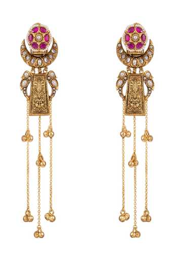 Shop_Joules by Radhika_Gold Plated Saika Embellished Long Tassel Earrings _at_Aza_Fashions