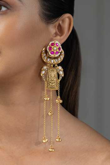Joules by Radhika_Gold Plated Saika Embellished Long Tassel Earrings _Online_at_Aza_Fashions