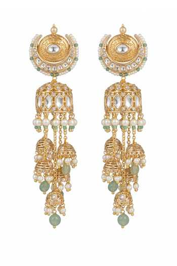 Shop_Joules by Radhika_Gold Plated Chandrika Tasselled Jhumka Earrings _at_Aza_Fashions