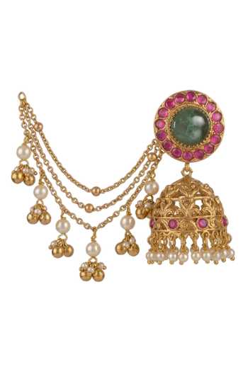 Shop_Joules by Radhika_Gold Plated Harsini Embellished Jhumkas With Ear Chains _at_Aza_Fashions