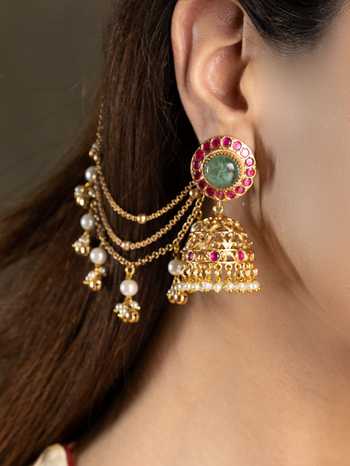 Joules by Radhika_Gold Plated Harsini Embellished Jhumkas With Ear Chains _Online_at_Aza_Fashions