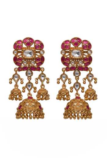 Shop_Joules by Radhika_Gold Plated Prakriti Embellished Jhumkas _at_Aza_Fashions
