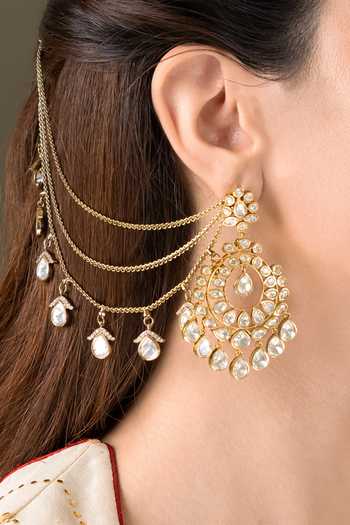 Joules by Radhika_Gold Plated Elaria Embellished Earrings With Ear Chains _Online_at_Aza_Fashions