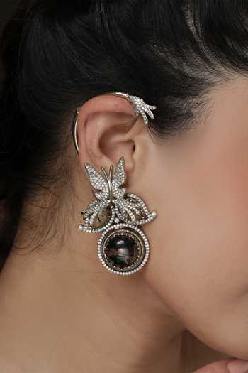Shop_Joules by Radhika_Gold Plated 2 In 1 Noir Floral Cuff Earrings _at_Aza_Fashions