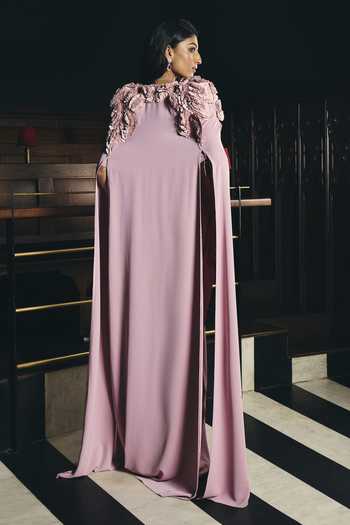 Shop_Supria Munjal_Pink Crepe Fabric Flowers Bandeau Neck Strapless Gown With Embellished Cape _at_Aza_Fashions