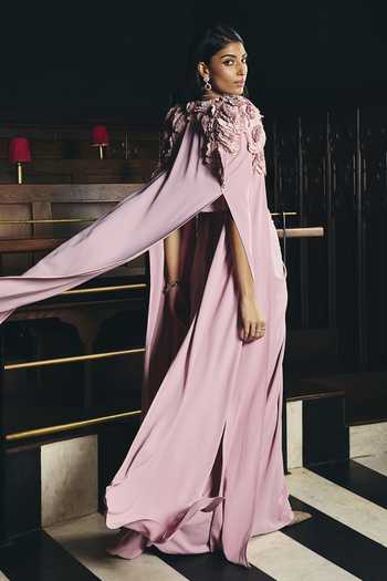 Supria Munjal_Pink Crepe Fabric Flowers Bandeau Neck Strapless Gown With Embellished Cape _Online_at_Aza_Fashions