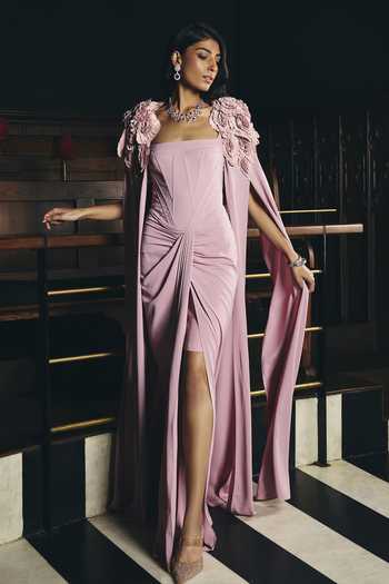 Buy_Supria Munjal_Pink Crepe Fabric Flowers Bandeau Neck Strapless Gown With Embellished Cape _Online_at_Aza_Fashions