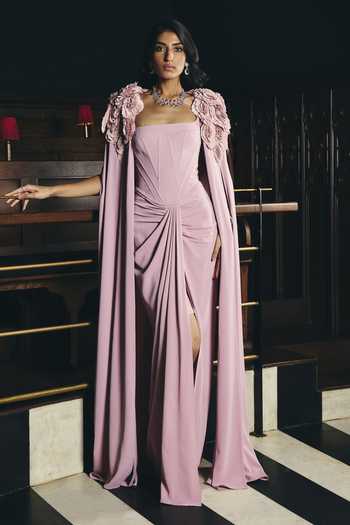 Buy_Supria Munjal_Pink Crepe Fabric Flowers Bandeau Neck Strapless Gown With Embellished Cape _at_Aza_Fashions