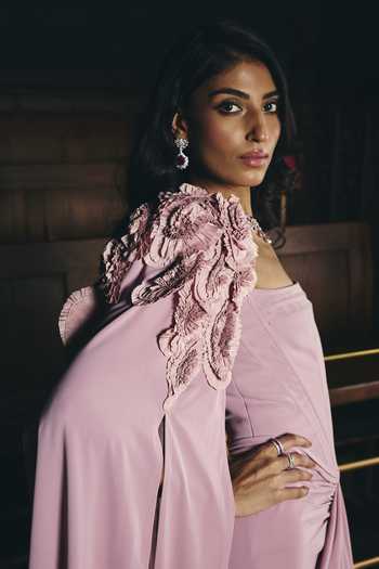 Shop_Supria Munjal_Pink Crepe Fabric Flowers Bandeau Neck Strapless Gown With Embellished Cape _Online_at_Aza_Fashions