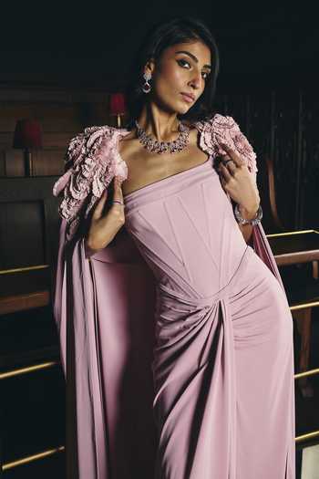 Buy_Supria Munjal_Pink Crepe Fabric Flowers Bandeau Neck Strapless Gown With Embellished Cape 