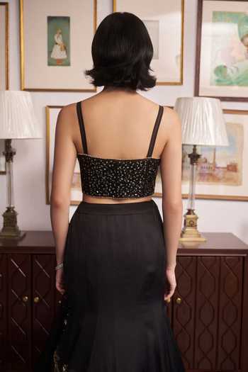 Shop_Meenagurnam_Black Jacquard, Net Sweetheart Neck Embroidered Lehenga Set _at_Aza_Fashions