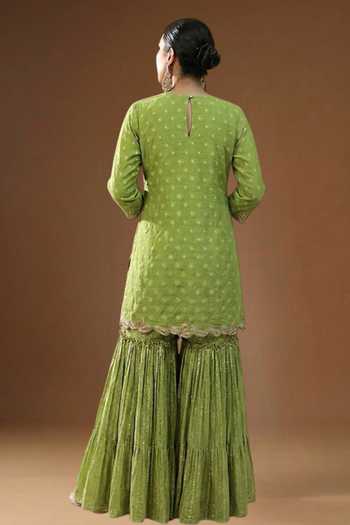 Shop_Arpita Sulakshana_Green Georgette, Lurex V-neck, Yes Gopi Noor Hara Embroidered Kurta Set _at_Aza_Fashions