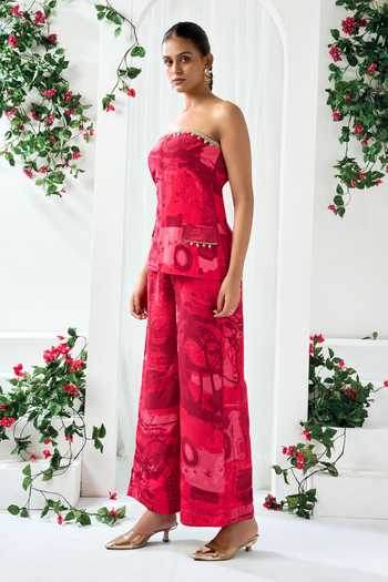 Arje India_Red Crepe Bandeau Neck Abstract Print Top And Pant Set _Online_at_Aza_Fashions