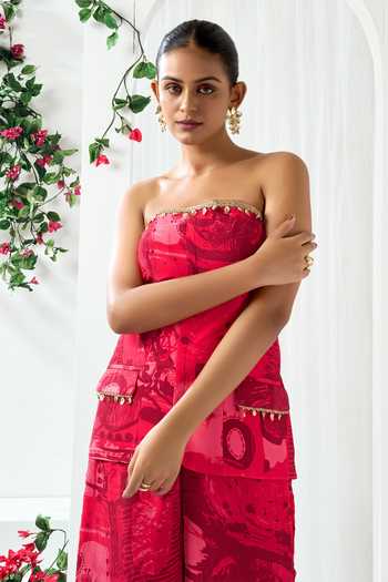 Buy_Arje India_Red Crepe Bandeau Neck Abstract Print Top And Pant Set _Online_at_Aza_Fashions