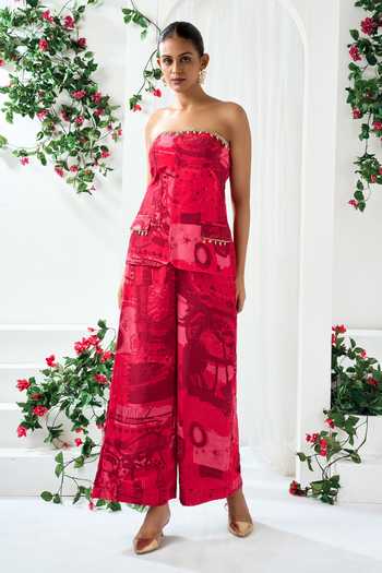 Buy_Arje India_Red Crepe Bandeau Neck Abstract Print Top And Pant Set _at_Aza_Fashions