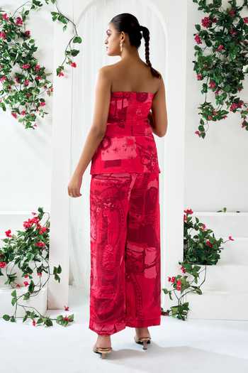 Shop_Arje India_Red Crepe Bandeau Neck Abstract Print Top And Pant Set _at_Aza_Fashions