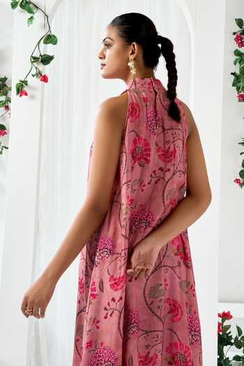 Arje India_Pink Silk, Cotton High Neck Floral Print Dress _Online_at_Aza_Fashions