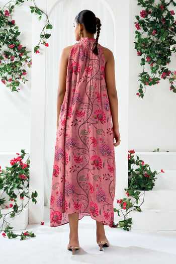 Shop_Arje India_Pink Silk, Cotton High Neck Floral Print Dress _at_Aza_Fashions