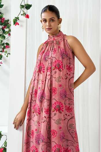 Buy_Arje India_Pink Silk, Cotton High Neck Floral Print Dress _Online_at_Aza_Fashions