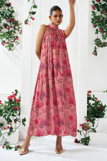 Buy_Arje India_Pink Silk, Cotton High Neck Floral Print Dress _at_Aza_Fashions