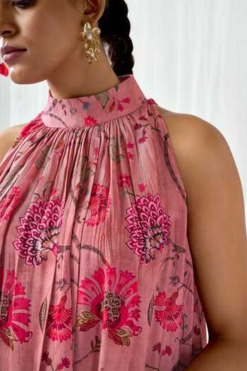 Shop_Arje India_Pink Silk, Cotton High Neck Floral Print Dress _Online_at_Aza_Fashions