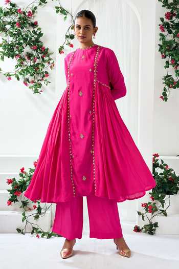 Arje India_Pink Silk, Cotton Round Neck Embroidered Kurta And Pant Set _Online_at_Aza_Fashions