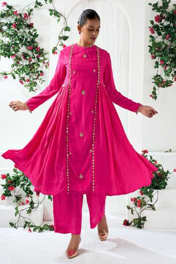 Buy_Arje India_Pink Silk, Cotton Round Neck Embroidered Kurta And Pant Set _at_Aza_Fashions