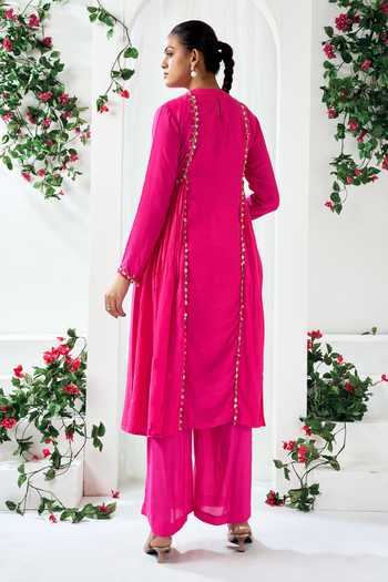 Shop_Arje India_Pink Silk, Cotton Round Neck Embroidered Kurta And Pant Set _at_Aza_Fashions