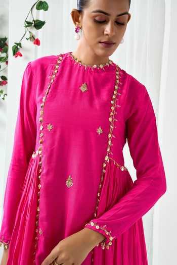 Buy_Arje India_Pink Silk, Cotton Round Neck Embroidered Kurta And Pant Set _Online_at_Aza_Fashions