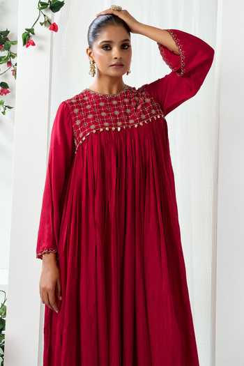 Arje India_Maroon Silk, Cotton Round Neck Gathered Embroidered Anarkali And Pant Set _Online_at_Aza_Fashions