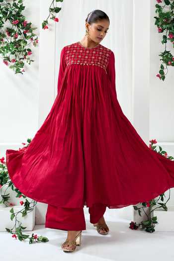 Buy_Arje India_Maroon Silk, Cotton Round Neck Gathered Embroidered Anarkali And Pant Set _at_Aza_Fashions