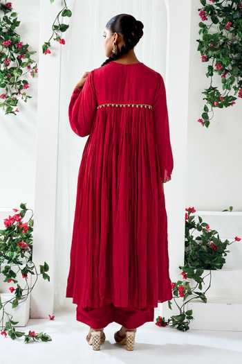 Shop_Arje India_Maroon Silk, Cotton Round Neck Gathered Embroidered Anarkali And Pant Set _at_Aza_Fashions