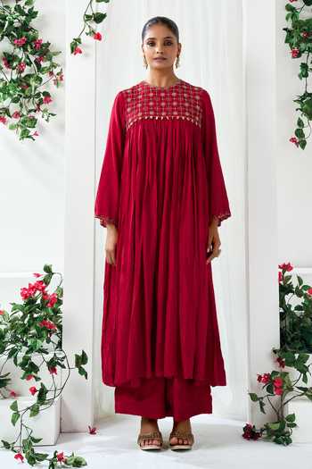 Buy_Arje India_Maroon Silk, Cotton Round Neck Gathered Embroidered Anarkali And Pant Set _Online_at_Aza_Fashions
