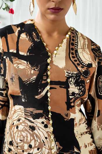 Shop_Arje India_Black Crepe V-neck Printed Top And Pant Set _Online_at_Aza_Fashions