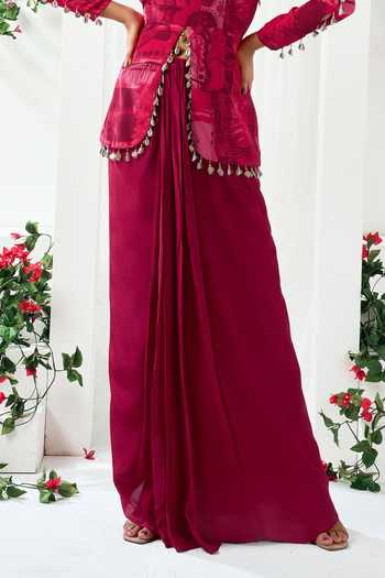 Arje India_Red Crepe V-neck Abstract Print Top And Skirt Set _Online_at_Aza_Fashions