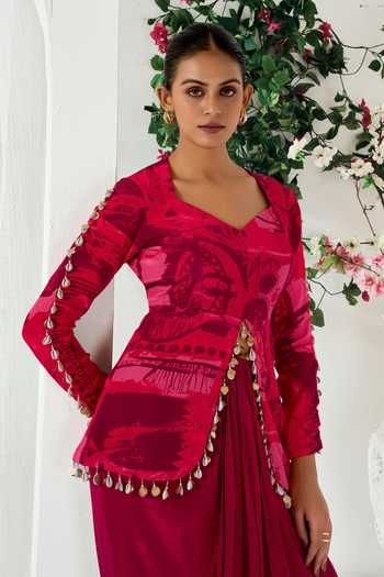 Buy_Arje India_Red Crepe V-neck Abstract Print Top And Skirt Set _Online_at_Aza_Fashions