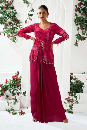 Buy_Arje India_Red Crepe V-neck Abstract Print Top And Skirt Set _at_Aza_Fashions