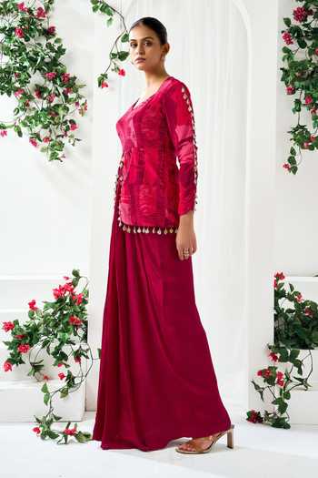 Shop_Arje India_Red Crepe V-neck Abstract Print Top And Skirt Set _Online_at_Aza_Fashions